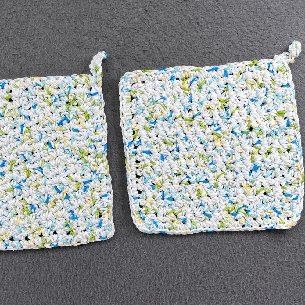 Handmade Crochet Potholders Set of 3 Multi Color Cotton Hot Pads 7x7 Cottagecore